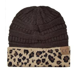 C.C Classic Solid Brown With Leopard Cuff Beanie